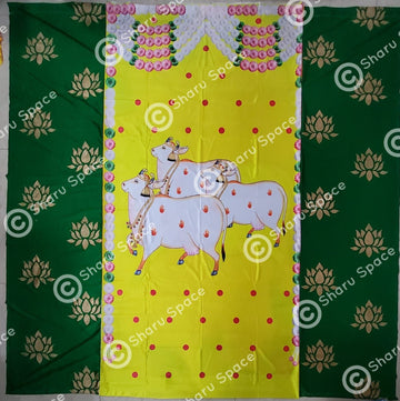 Sharu Space Yellow 3 Cows with Green Lotus - 8ftx9ft
