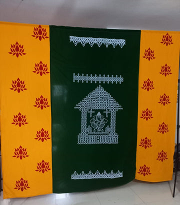 Sharu Space Micro Velvet Green Backdrop with Home and Yellow Sides with Lotus Print