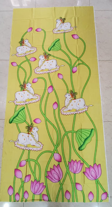 Sharu Space Satin Pichwai Cow Lotus Backdrop -8ftx4ft