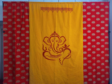 Sharu Space Micro Velvet Ganesh Backdrop Yellow and Red with Lotus