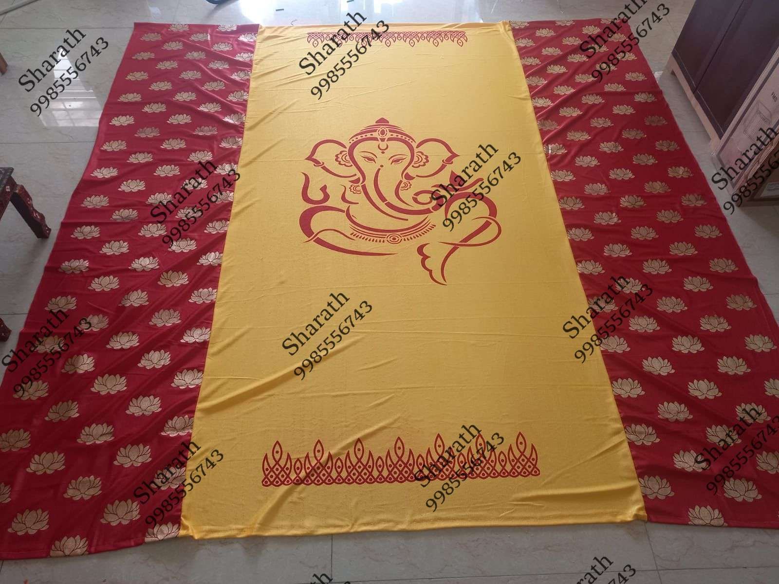 Sharu Space Satin Ganesh with Red Gold Lotus Backdrop 8ftx9ft