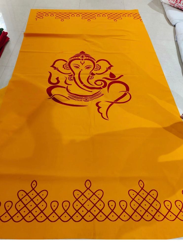 Sharu Space 4.5X9 Feet Micro Velvet Yellow Ganesh with 2 Border Red Print