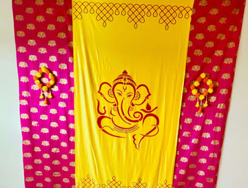 Sharu Space Satin Ganesh Backdrop Yellow and Pink with Lotus