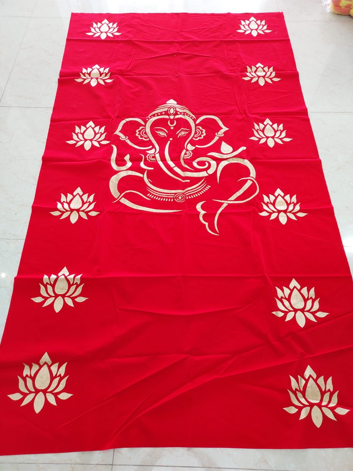 Sharu Space Micro Velvet Red Ganesha Backdrop with Gold Print