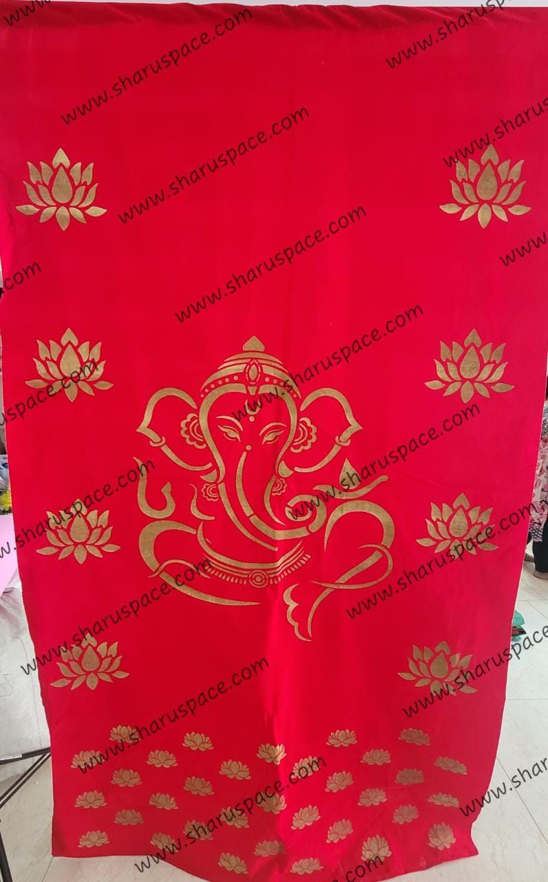 Sharu Space 8ftx4.5ft Micro Velvet Ganesh & Lotus Gold Print Backdrop, Red