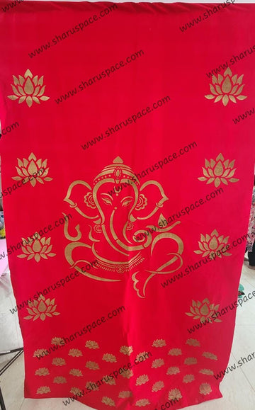 Sharu Space 8ftx4.5ft Micro Velvet Ganesh & Lotus Gold Print Backdrop, Red