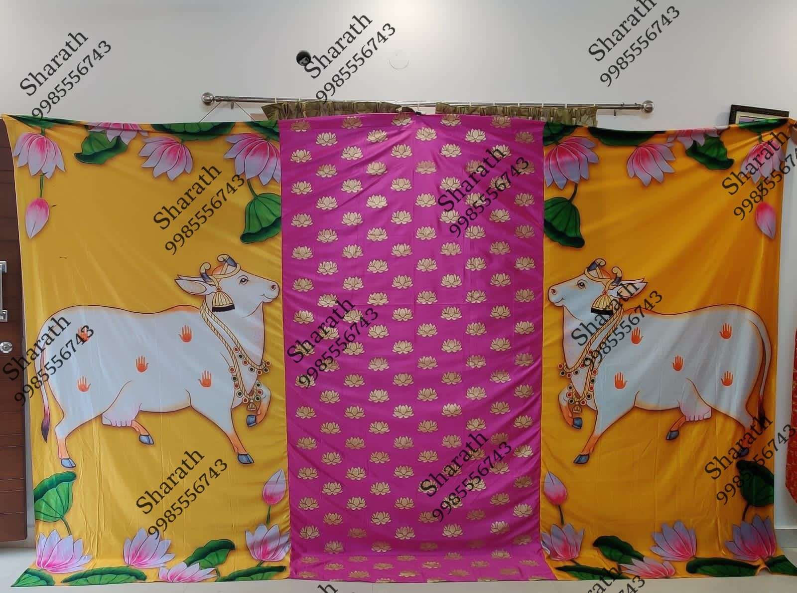 Sharu Space Satin Cow Set with Center pink Gold Lotus Backdrop 8ftx12ft