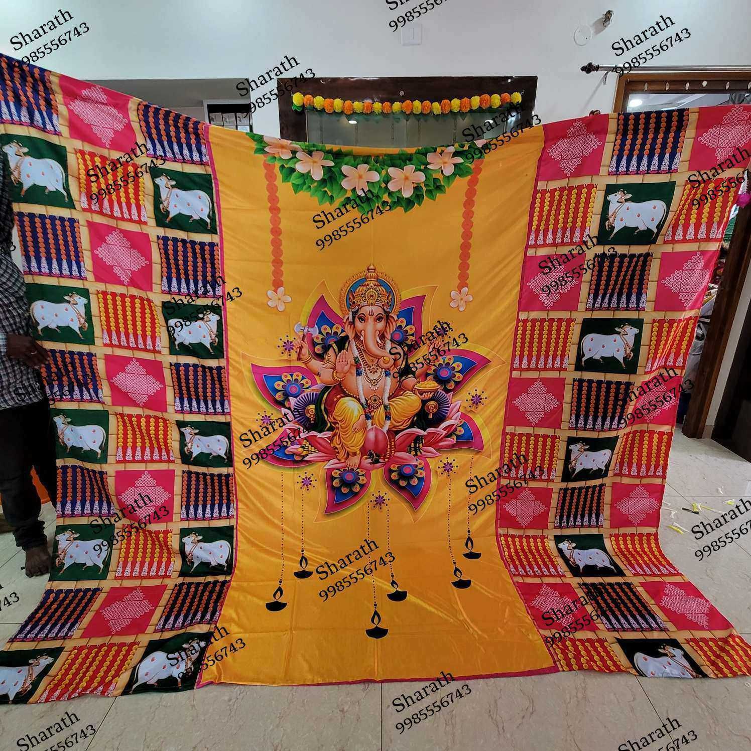 Sharu Space Satin Ganesha with Side Cow Backdrop 8ftx9ft