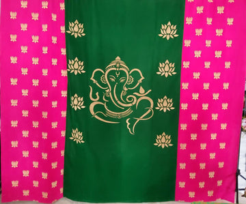 Sharu Space Micro Velvet Green with Gold Ganesh and Side Pink with Gold Lotus