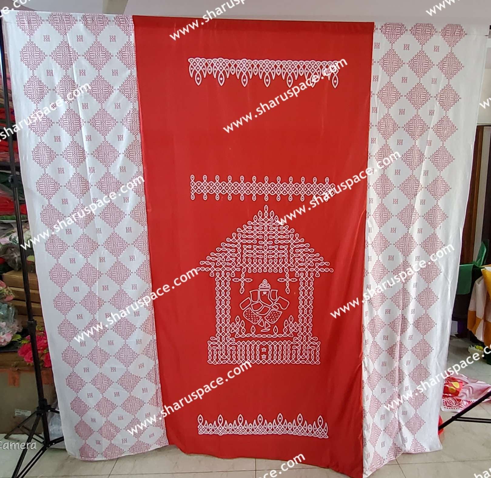 Sharu Space 8X8 Feet Crushed Satin Backdrop 2, White/ Red