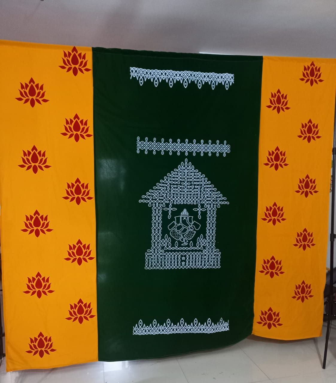 Sharu Space Micro Velvet Green Backdrop with Home and Yellow Sides with Lotus Print
