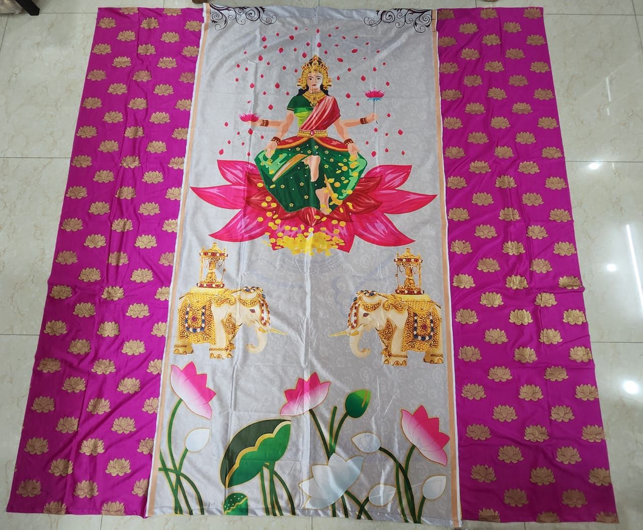 Sharu Space Satin Pink Lotus with Lakshmi Devi Backdrop 8ftx8ft