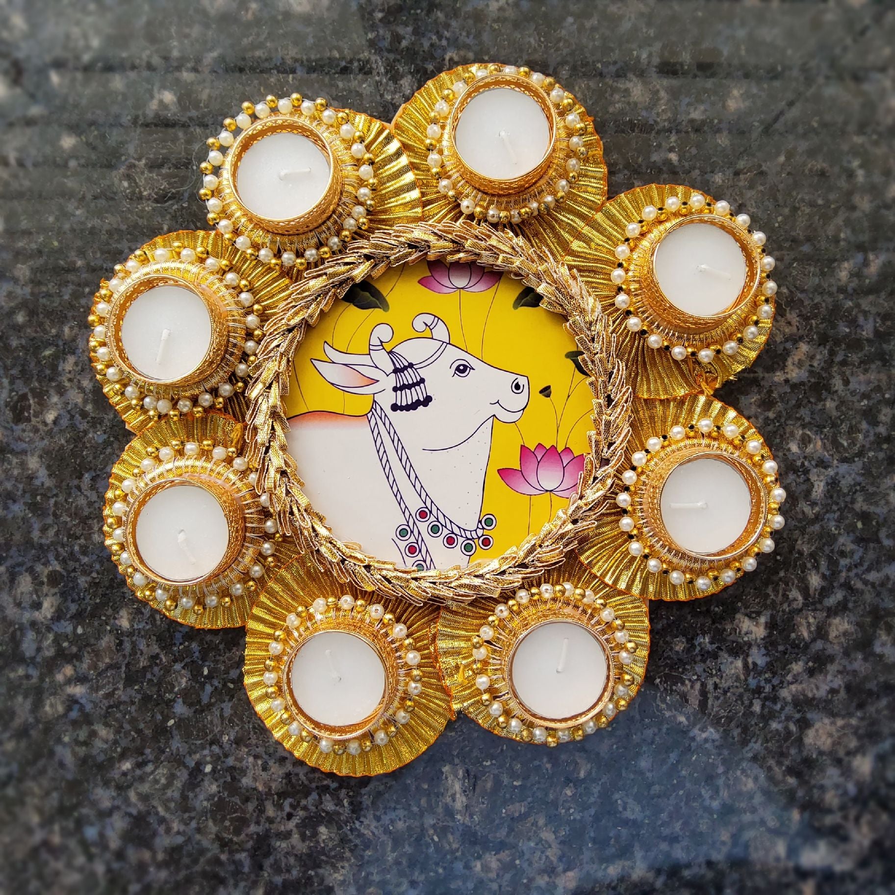 Yellow Pichwai Cow Diya Mat