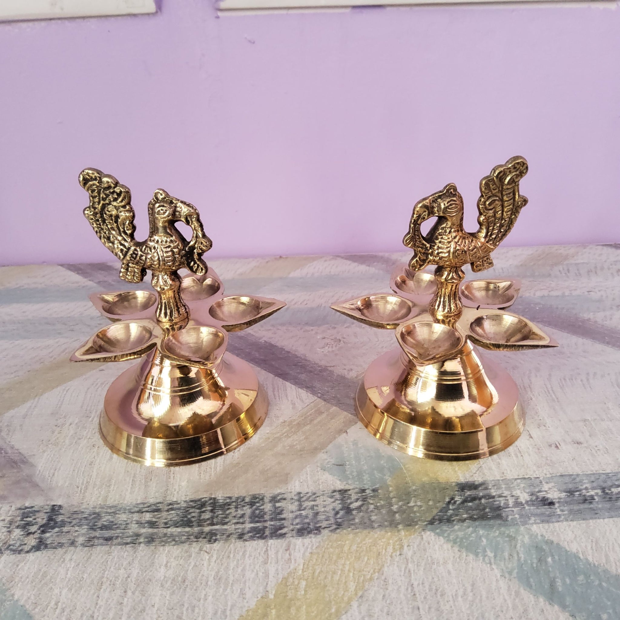 Sharu Space Brass 1 Step Panch Diya Pair